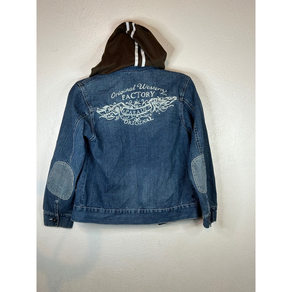 Cantarana Womens Y2K Denim Jacket Brown Hooded Western Rodeo Graphic Blue 14 - Picture 4 of 8